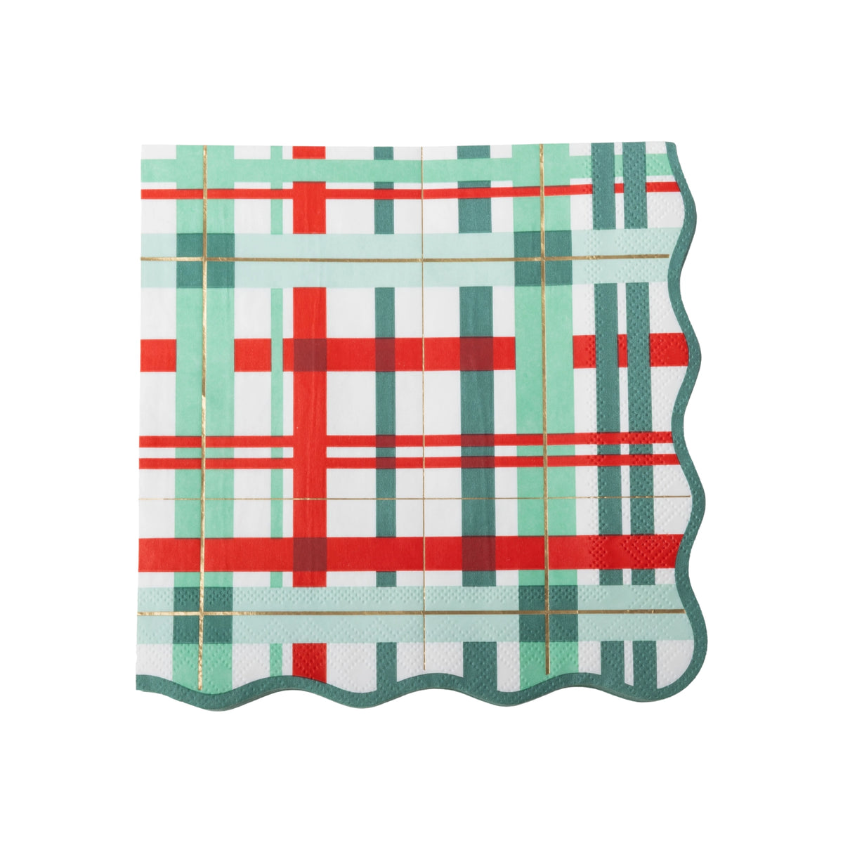 Red and green Christmas tartan plaid paper napkin with a scalloped edge