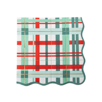 Red and green Christmas tartan plaid paper napkin with a scalloped edge