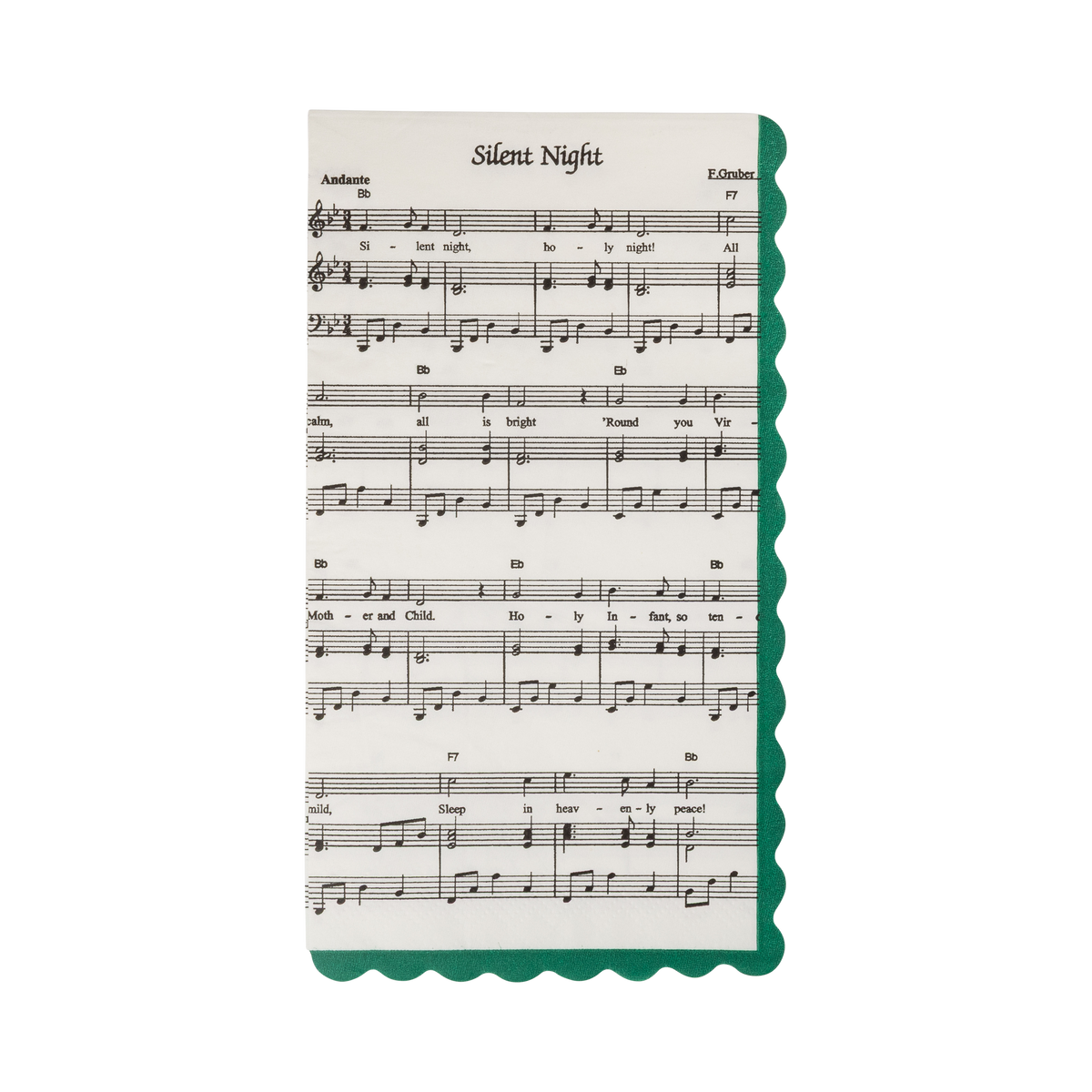 Cream Christmas sheet music paper dinner napkin with wavy dark green edges