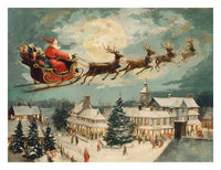 Finished Christmas sleigh ride puzzle artwork of Santa flying over a snowy village
