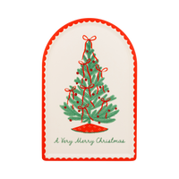 Arched cream bamboo tray with a red-and-green Christmas tree and "A Very Merry Christmas" script.
