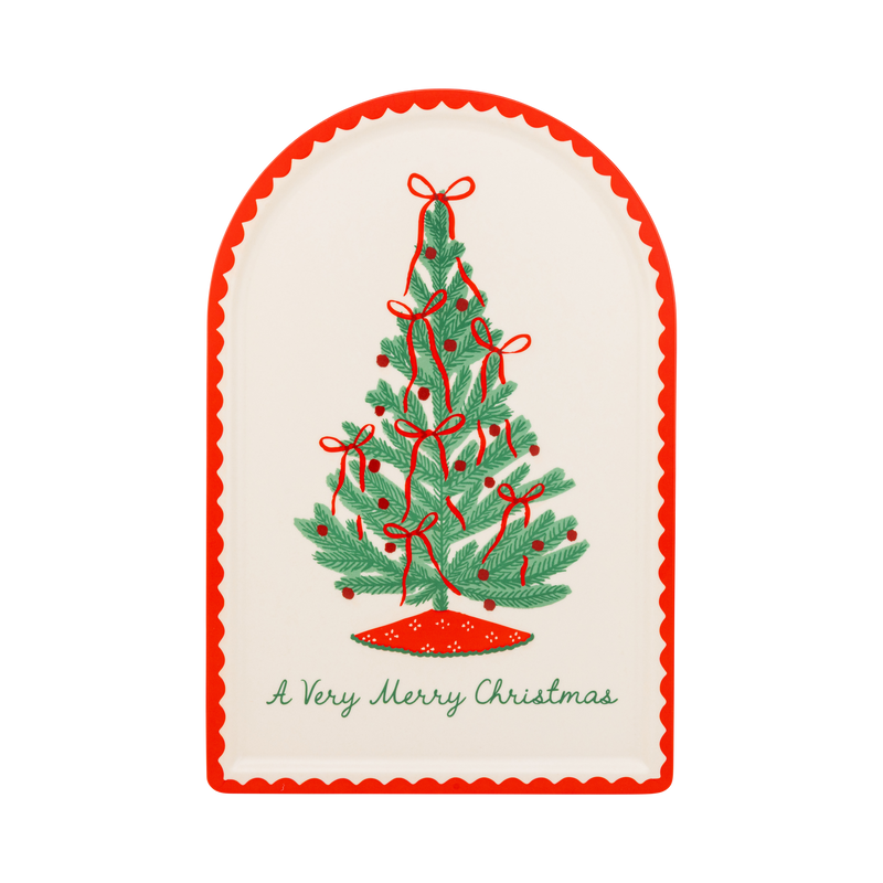Arched cream bamboo tray with a red-and-green Christmas tree and "A Very Merry Christmas" script.