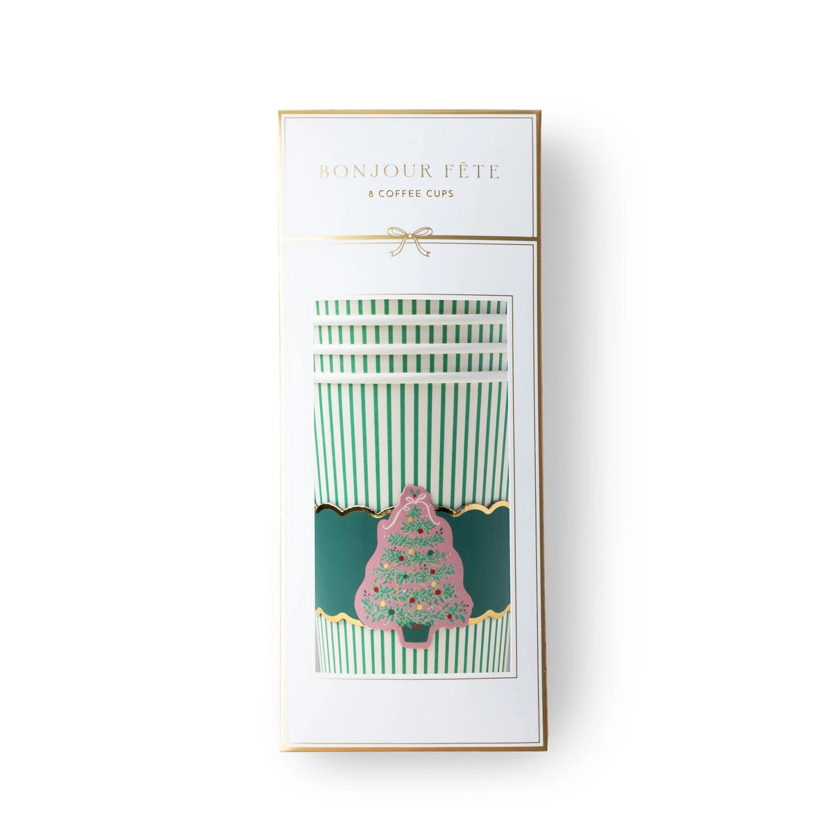Christmas tree coffee cups shown in packaging