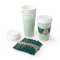 Christmas tree coffee cups, lids, and sleeves styled together