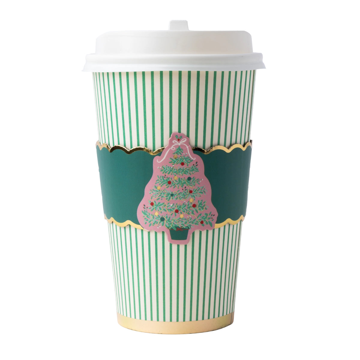 Green and white Christmas tree coffee cup with a lid and a tree sleeve