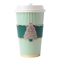 Green and white Christmas tree coffee cup with a lid and a tree sleeve