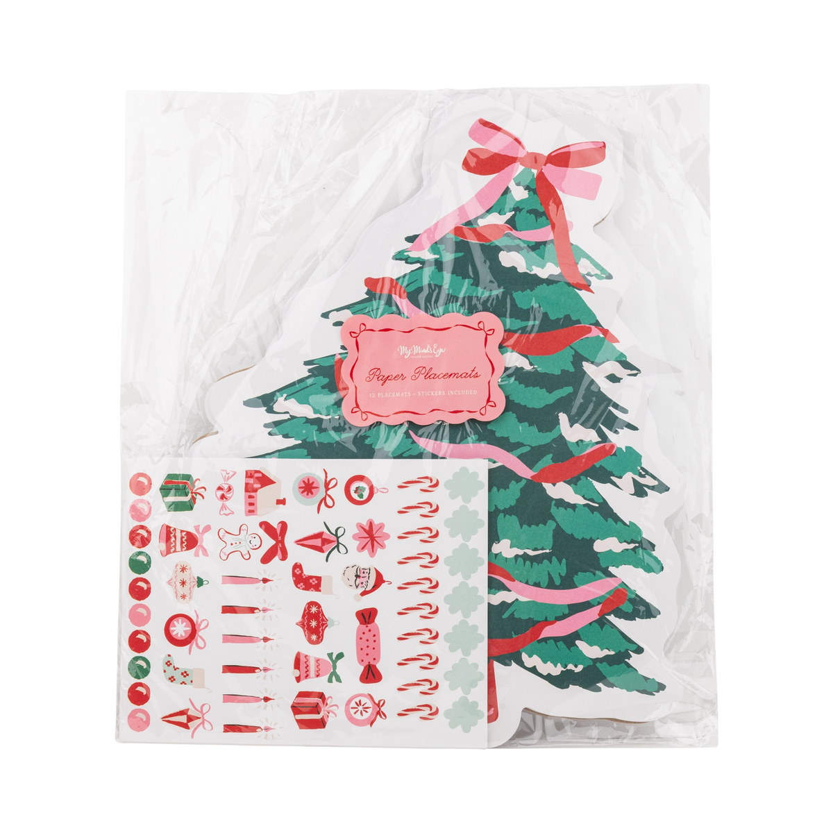 Christmas tree placemats and stickers in retail packaging with header card