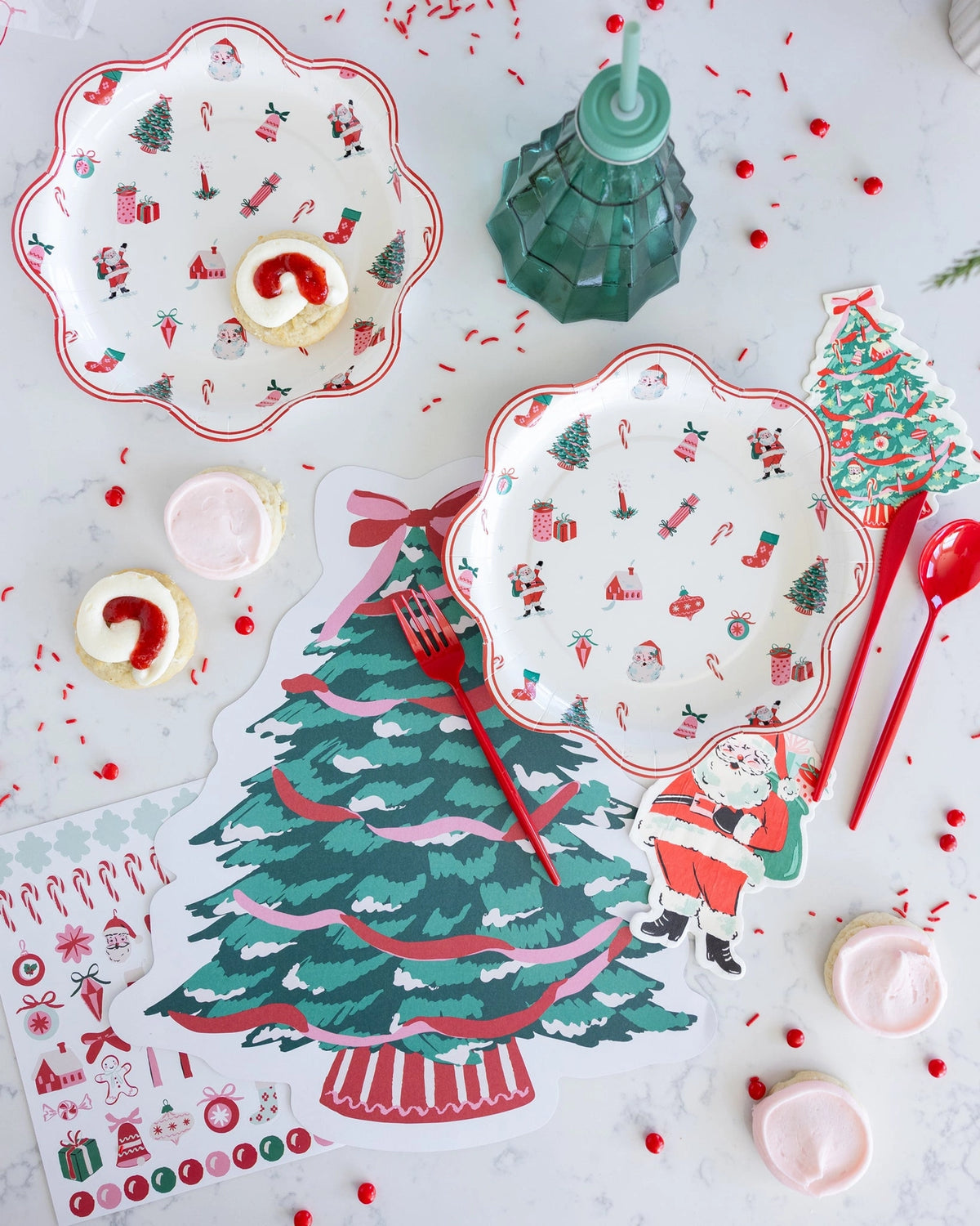 Christmas tree placemats styled on a party table setting