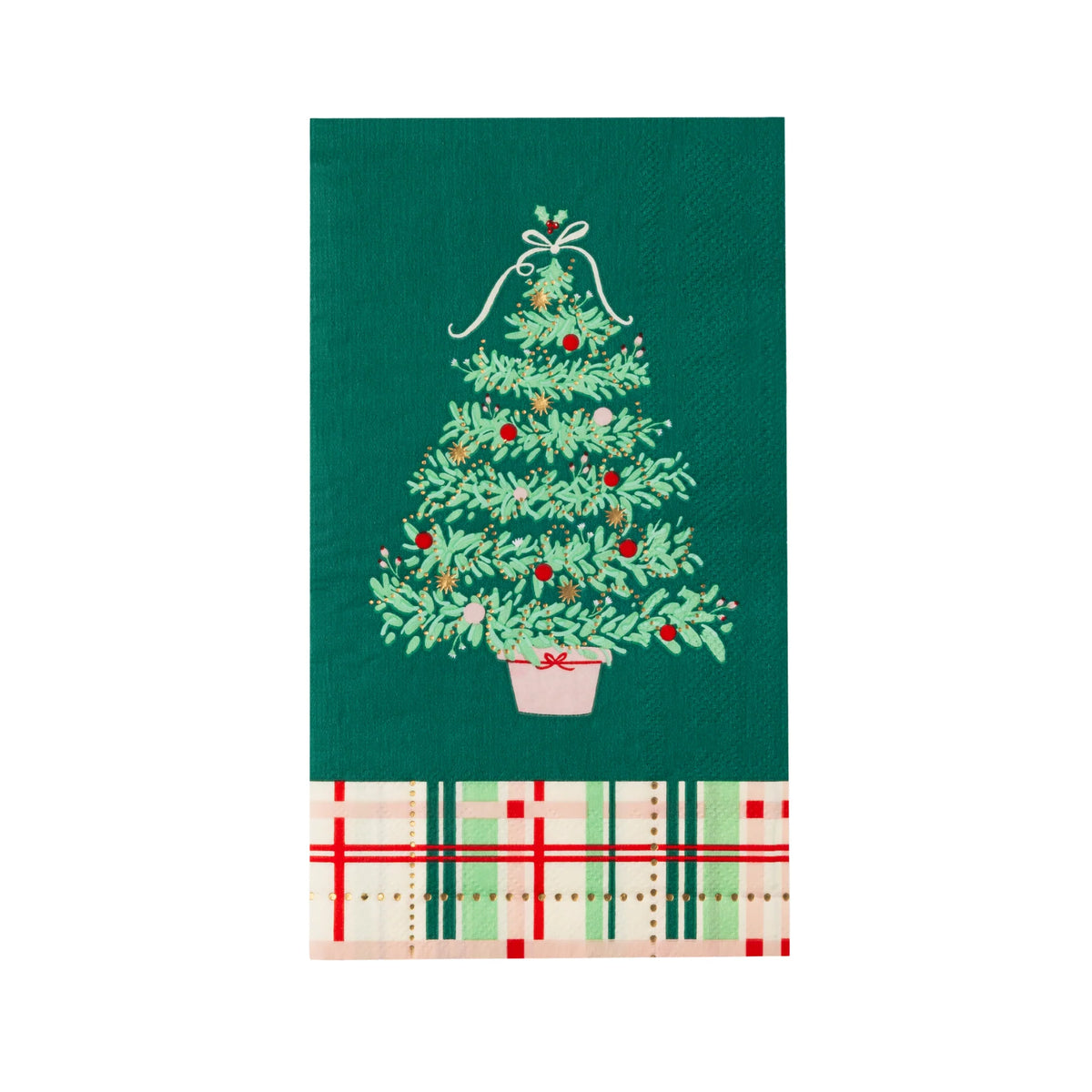 Single guest towel-size napkin with Christmas tree motif and plaid trim—festive Christmas tree napkin design.