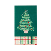 Single guest towel-size napkin with Christmas tree motif and plaid trim—festive Christmas tree napkin design.