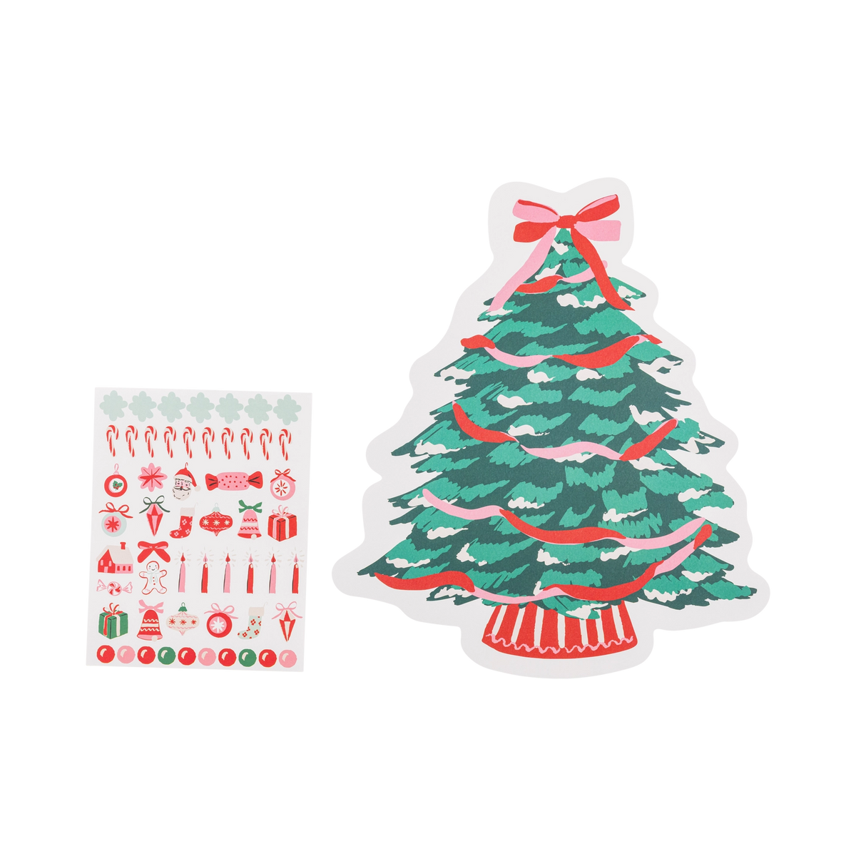 Christmas tree-shaped paper placemat shown with its sticker sheet