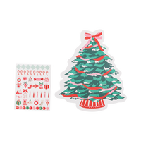 Christmas tree-shaped paper placemat shown with its sticker sheet
