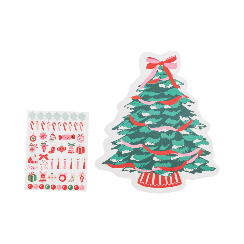 Christmas tree-shaped paper placemat shown with its sticker sheet
