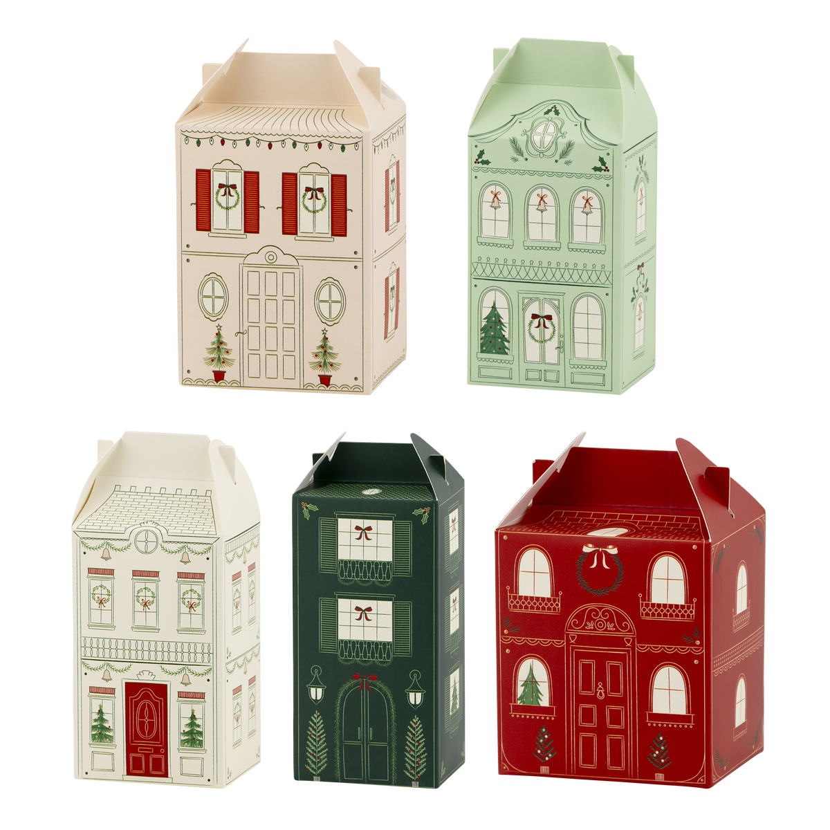Five house-shaped Christmas advent treat boxes grouped together in cream, green, and red village designs