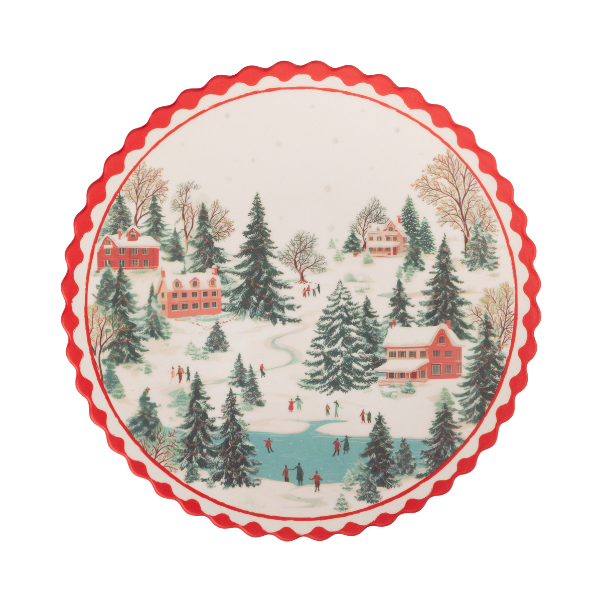 Round cream bamboo plate with a snowy Christmas village scene and a red scalloped edge.