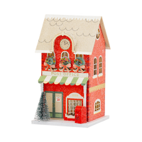 Red glitter Christmas village post office with snowy roof, clock, wreaths, and tiny red mailbox