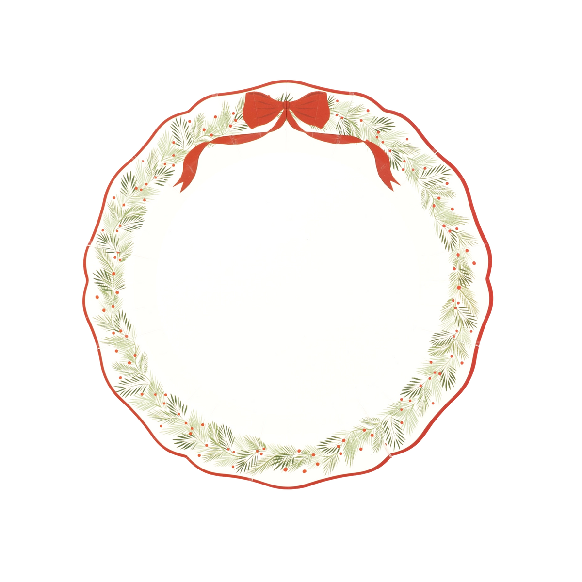 Cream scalloped wreath dinner plate with a red rim, an evergreen wreath, red berries, and a red ribbon bow.