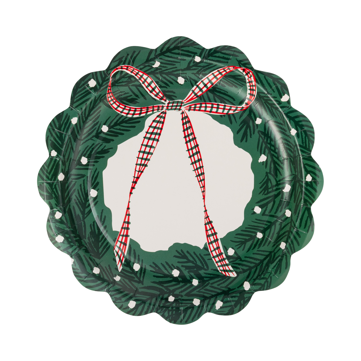 Green die-cut Christmas wreath plate with red and cream dot accents and a gingham bow on a white background.