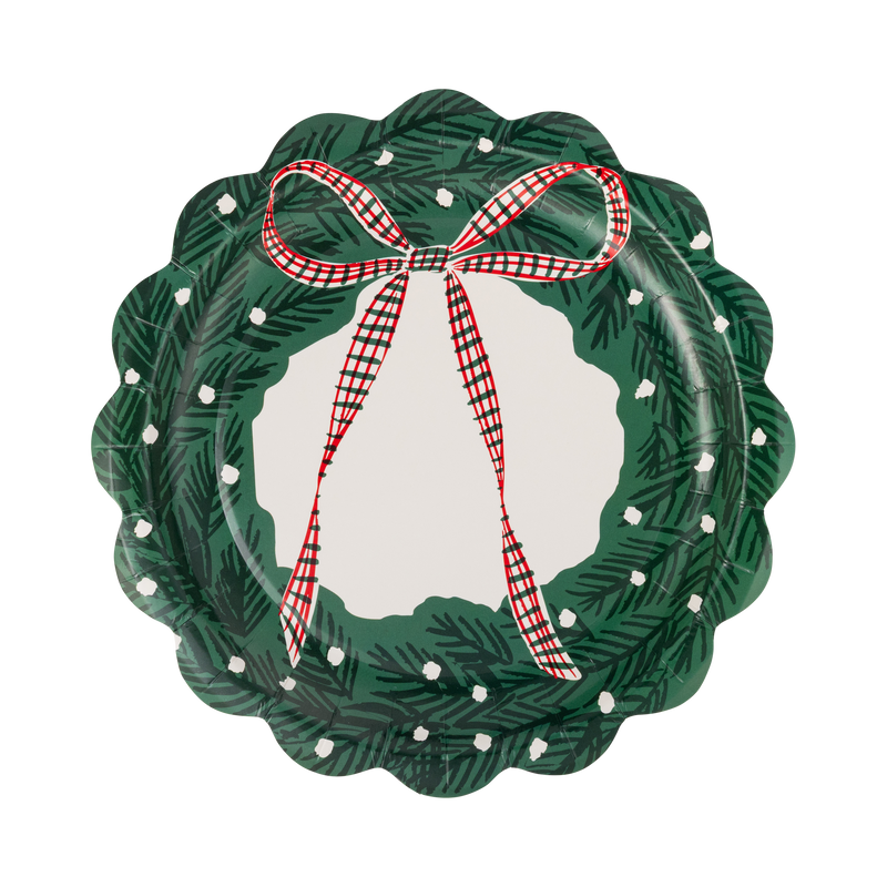 Green die-cut Christmas wreath plate with red and cream dot accents and a gingham bow on a white background.