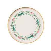 Single round wreath dessert plate with greenery and bows—8-inch holiday party plates.