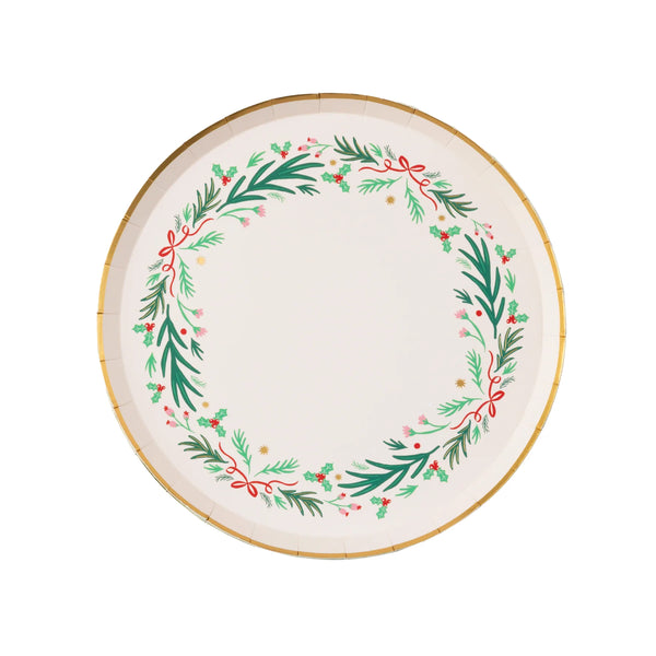 Single round wreath dessert plate with greenery and bows—8-inch holiday party plates.
