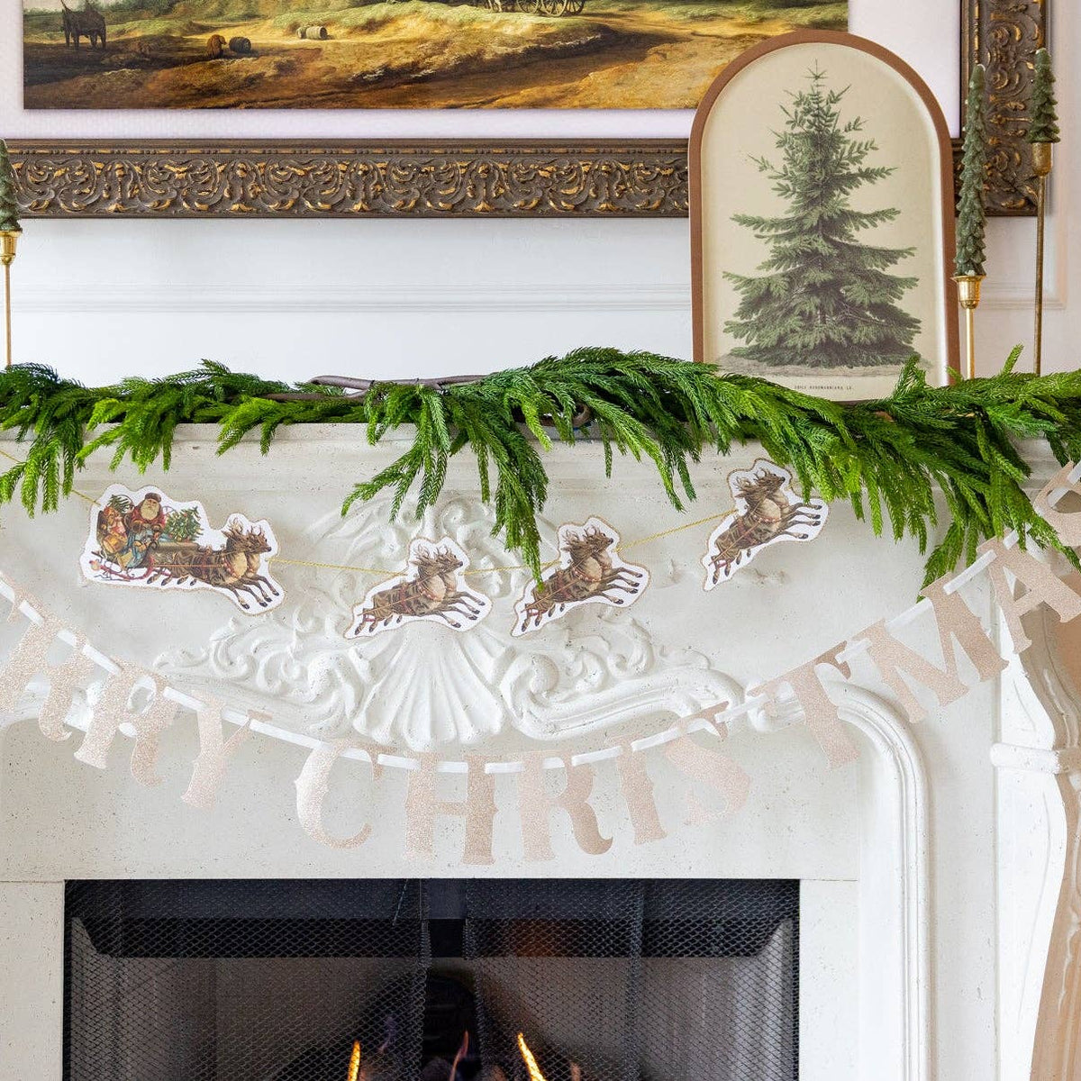 The Evergreen Christmas Tray displayed as seasonal holiday decor on a white fireplace mantel with greenery and a Merry Christmas banner.