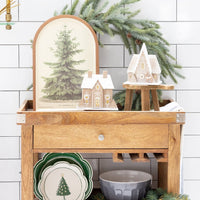 Stylized kitchen cart display with the Christmas tray and gingerbread houses, showcasing the Eco-friendly holiday decor potential.