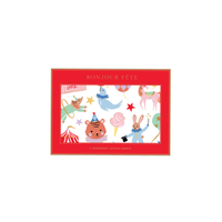 Circus party temporary tattoos shown in red packaging with big-top characters