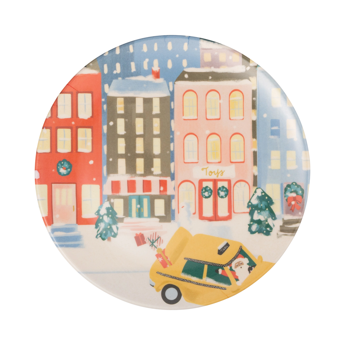 City Sidewalks bamboo plate with a colorful city street and yellow taxi illustration