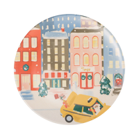 City Sidewalks bamboo plate with a colorful city street and yellow taxi illustration