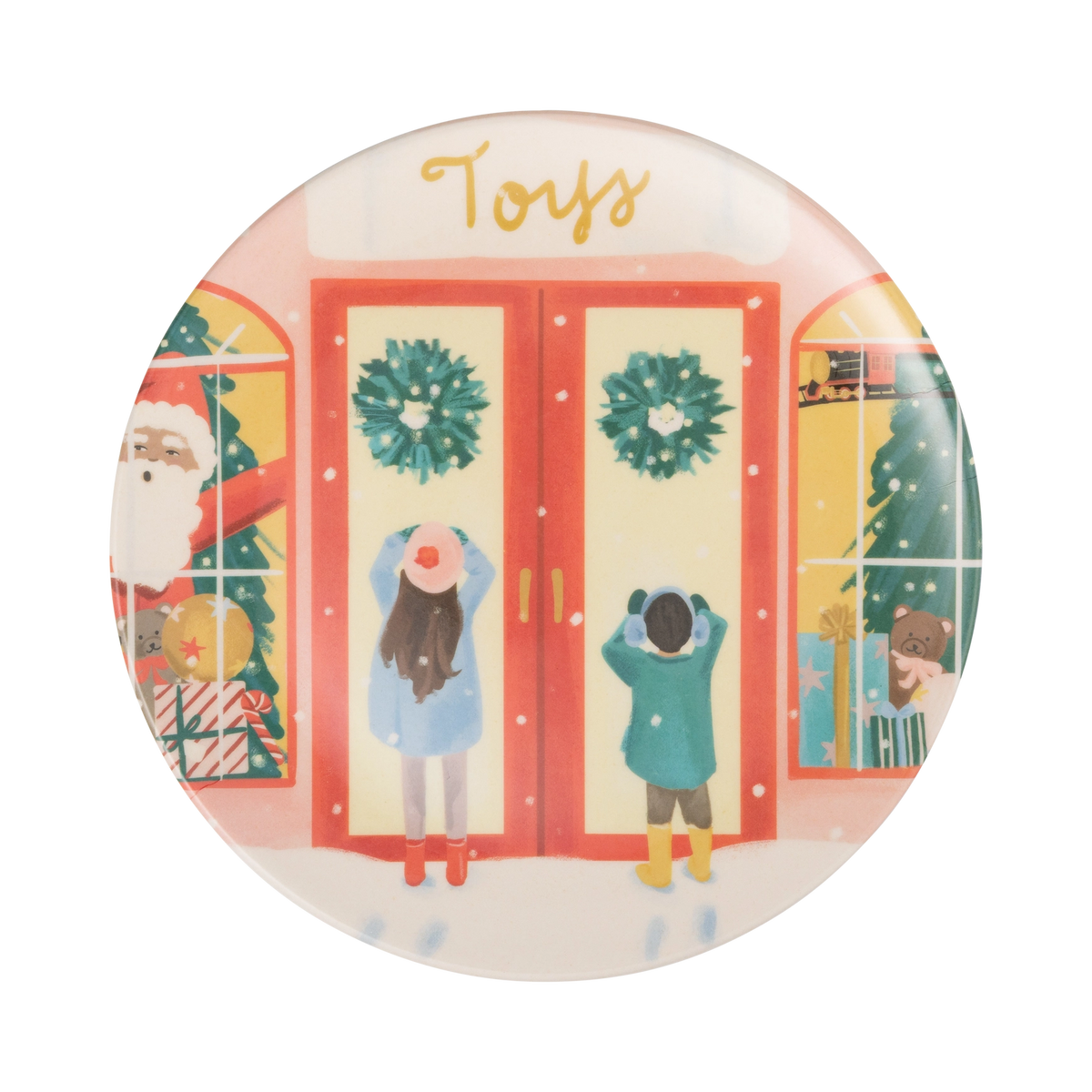 City Sidewalks bamboo plate with a toy store storefront illustration