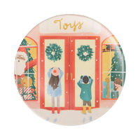 City Sidewalks bamboo plate with a toy store storefront illustration