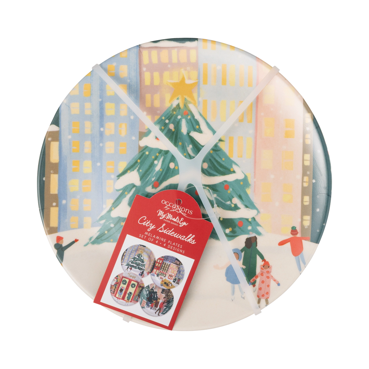 City Sidewalks bamboo plate with a Christmas tree design shown with its packaging card