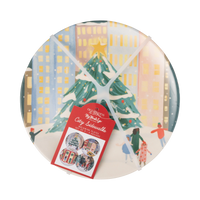 City Sidewalks bamboo plate with a Christmas tree design shown with its packaging card