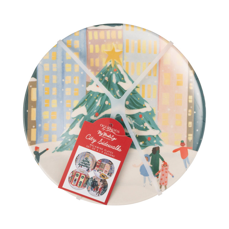 City Sidewalks bamboo plate with a Christmas tree design shown with its packaging card