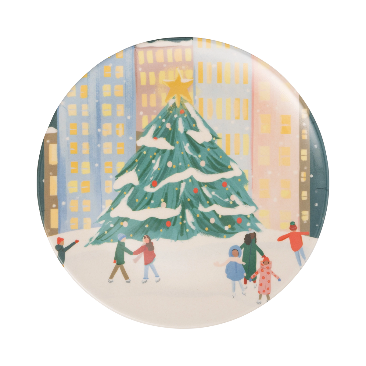 City Sidewalks bamboo plate with a Christmas tree and ice skating city scene