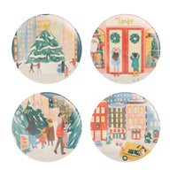 Set of four City Sidewalks bamboo plates showing all four Christmas illustrations