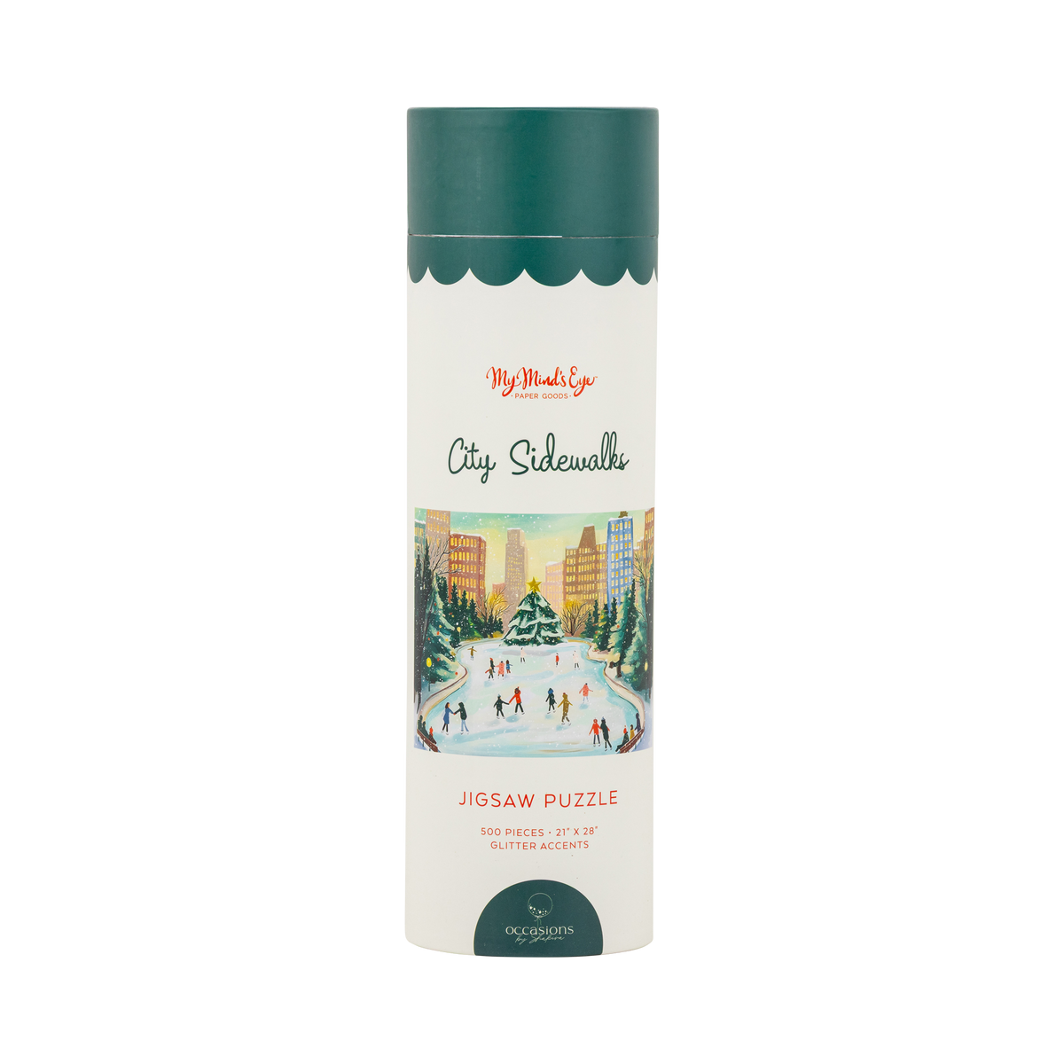 City Sidewalks 500 piece jigsaw puzzle tube with a colorful city ice skating illustration and glitter