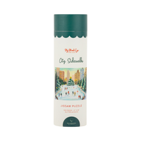City Sidewalks 500 piece jigsaw puzzle tube with a colorful city ice skating illustration and glitter