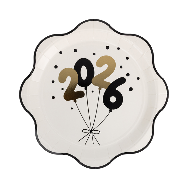 Class of 2026 scalloped paper plate in white with black and gold foil balloon number design, confetti dots, and black scalloped rim on white background