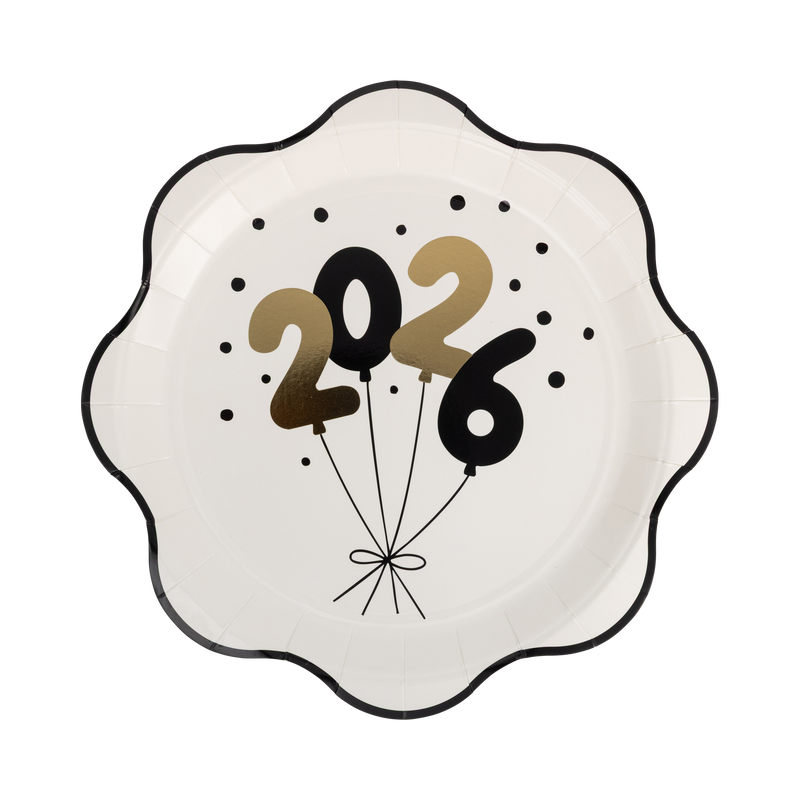 Class of 2026 scalloped paper plate in white with black and gold foil balloon number design, confetti dots, and black scalloped rim on white background