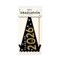 Packaging for a Black and White Graduation Decor felt pennant with a gold foil 2026 and wooden dowel.