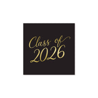 A single black paper napkin featuring a gold foil "Class of 2026" script for a high-prestige graduation event.