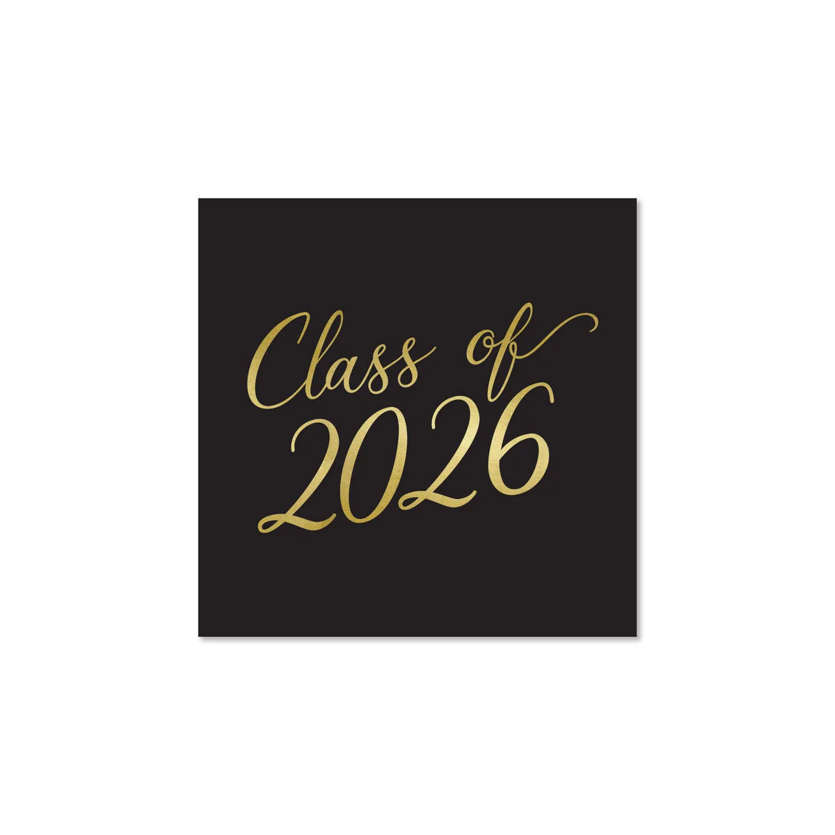 Black Class of 2026 gold foil paper cocktail napkin on white background