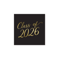 Black Class of 2026 gold foil paper cocktail napkin on white background
