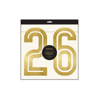 Packaging for a gold foil graduation banner featuring interchangeable numbers to customize the Class of 2026 year.