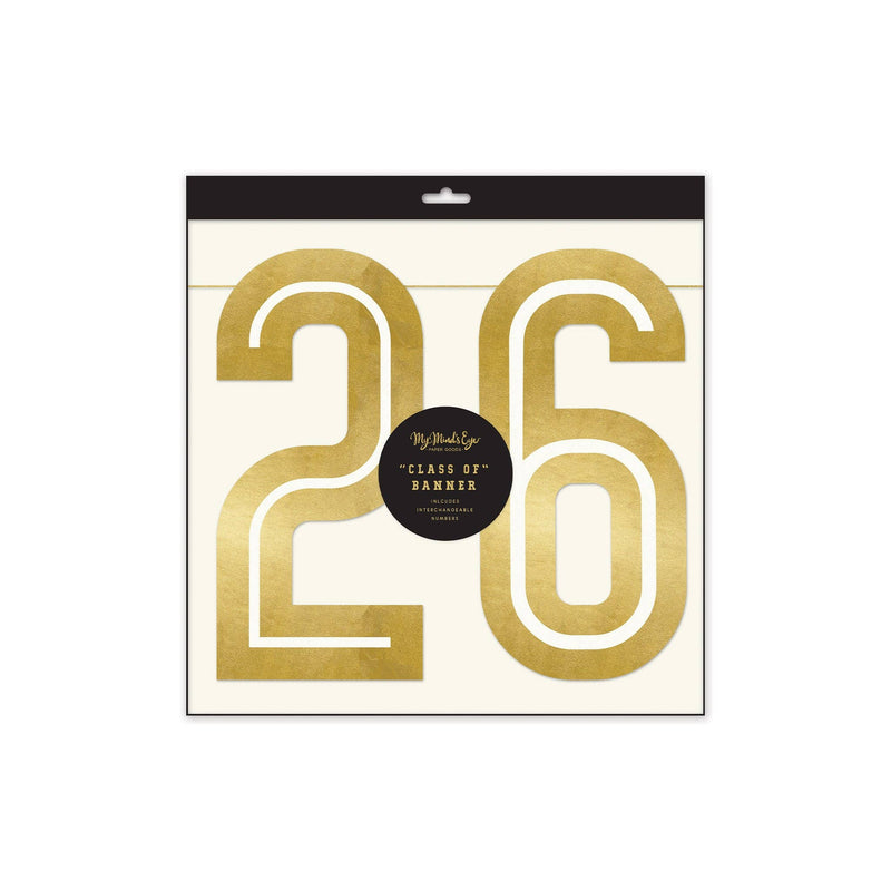 Packaging for a gold foil graduation banner featuring interchangeable numbers to customize the Class of 2026 year.