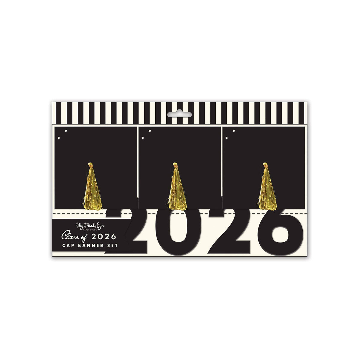 Packaging for a 2-piece Class of 2026 graduation banner set featuring black graduation caps with gold foil tassels.