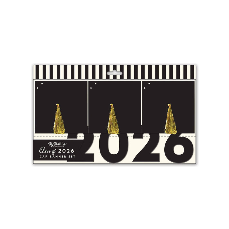 Packaging for a 2-piece Class of 2026 graduation banner set featuring black graduation caps with gold foil tassels.