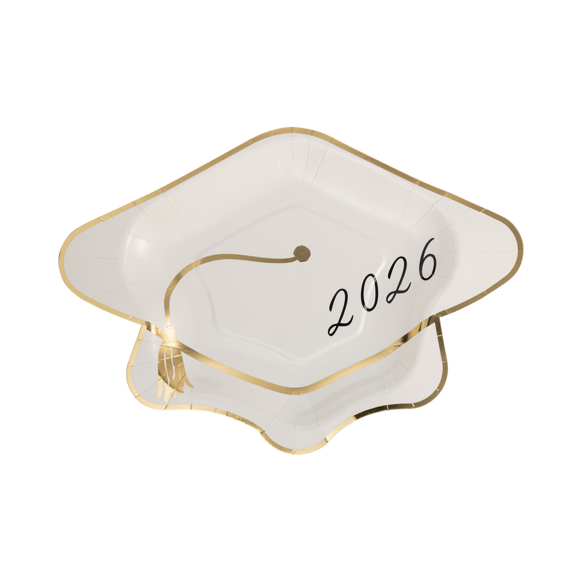 Class of 2026 graduation cap shaped paper plates in white with gold foil edge, gold foil tassel, and 2026 script stacked on white background